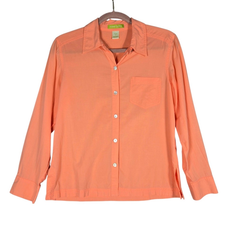 Sigrid Olsen Button Up Shirt Womens PM Orange Cotton Long Sleeve Pocket Vintage